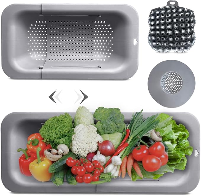 FERROFASIL Collapsible Colander Strainer Basket, Extendable Over the Sink Colander for Produce Washing, Drain Strainer and Brush, Home Apartment Essentials, 14x8x2, Gray