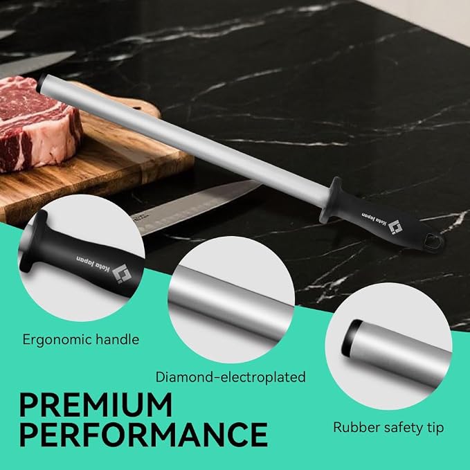 Kota Japan 12 in. Diamond Carbon Steel Professional Knife Sharpener Rod | Kitchen, Home or Hunting | Master Chef, Hunter or Home Gourmet Blade Sharpening Rod or Stick