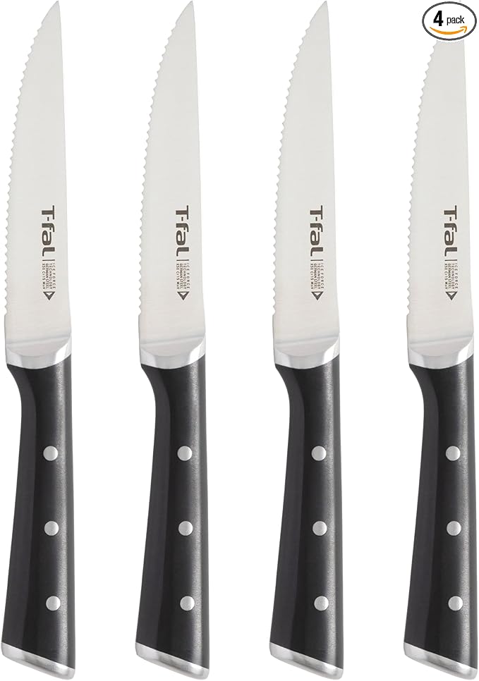 T-Fal Ice Force German Stainless Steel Steak Knife Set 4 Piece, Long Lasting Sharpness, High Cutting Precision, Superior Durability, Ultra Sharp Blades, Cookware Kitchen Knife, Cook Tool, BBQ, Black‌