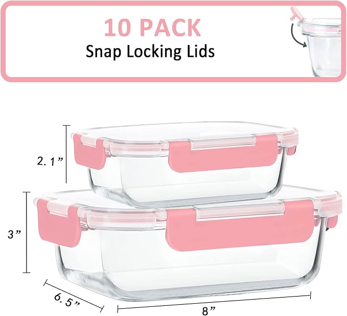 M MCIRCO 10 Pack Glass Food Storage Containers with Lids, Pink | Glass Meal Prep Containers,Airtight Lunch Containers with Lids, Microwave, Oven, Freezer and Dishwasher Friendly, BPA Free