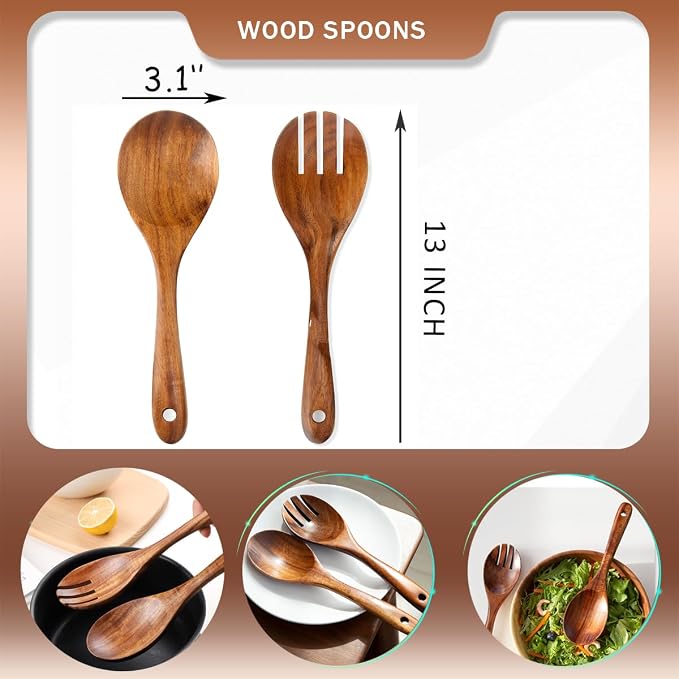 Large Teak Wooden Forks for Salad Serving Set of 2, 13-Inch Teak Wooden Serving Spork Set, Natural Wood Salad Servers, Wooden Kitchen Forks, Salad Servers Resistant to High Heat