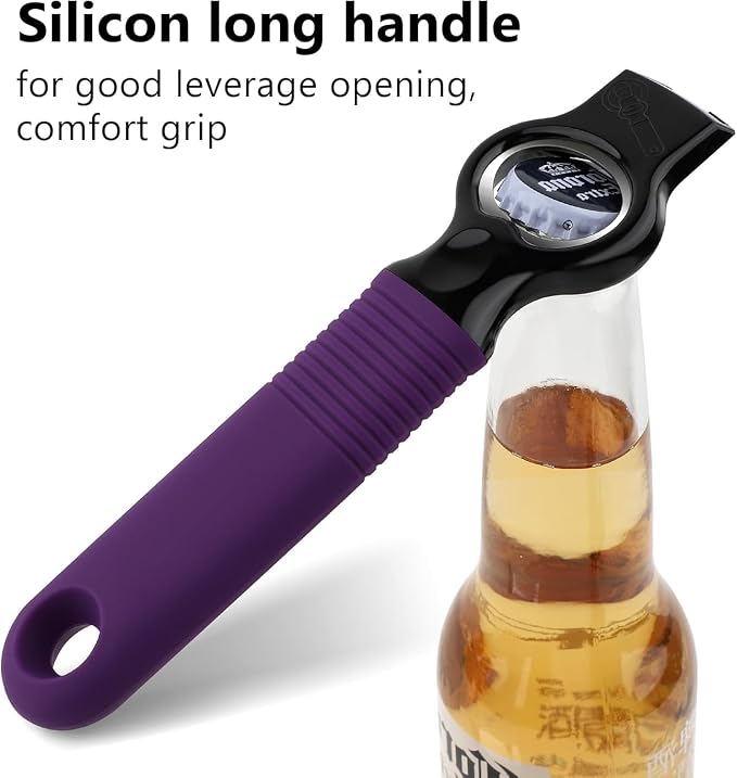 2-Pack Magnetic 2-in-1 Beer Bottle Cap & Soda Can Opener-Purple | Soft Silicone Handle with Built-in Magnet Sticks to Fridges / Easy Can Tab Opener for Bartenders, Seniors, and Long nails
