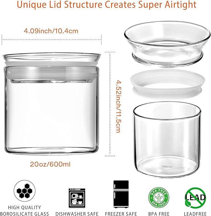 ZENS 17oz Glass Jars with Airtight Lid, Set of 4 Small Glass Storage Jars | Borosilicate Glass Canisters Set with Lids, Small Storge Containers for Kitchen Spice, Sugar, Blooming Tea,