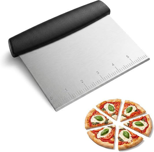 Stainless Steel Dough Scraper & Chopper with Measurement Marks, Multi-Purpose Pastry Cutter for Pizza Bread Cookie Dough, Heavy Duty Scraper with Non-Slip Handle (Black)