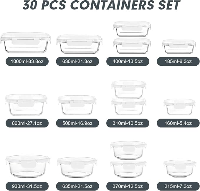 VERONES 30 Pieces Glass Food Storage Containers Set with Lids, White | Stackable Glass Meal Prep Containers Set with Lids, Airtight Lunch Containers, for Microwave, Oven, Freezer & Dishwasher