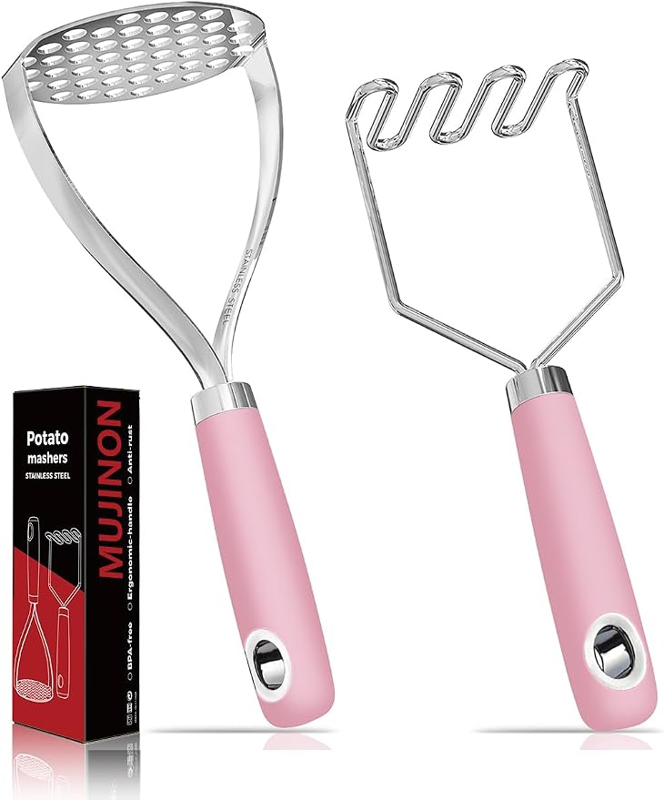 18/0 Stainless Steel Pink Potato Mashers, 10.7-in Kitchen Masher Tool for Avocado Vegetable Sauce Butter, Heavy Duty, Dishwasher Safe, Pack of 2