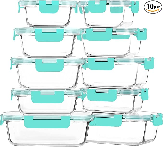 M MCIRCO 10 Pack Glass Food Storage Container with Lids, Green | Glass Meal Prep Containers with Lids, Airtight Lunch Bento Boxes,Microwave, Oven, Freezer and Dishwasher Friendly, BPA Free