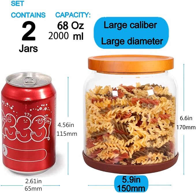 SAIOOL 2-Pack Striped Borosilicate Glass Airtight Canisters - Big mouth Large Capacity, Acacia Wood Lid, Food Storage Jars for Flour, Pasta, Pantry Organization (1/2 Gallon （Yellow Press lid 2 pack）)