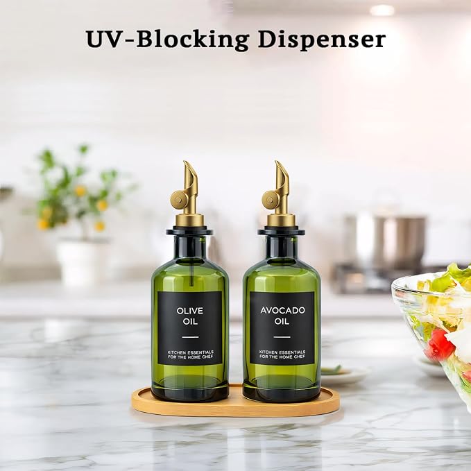 Olive Oil Dispenser Set, 2 x 11.8oz Deep Green Glass Bottles with Auto-Flip Spouts & 2 Capped Spare Spouts, Bamboo Tray, Oil & Vinegar Cruet (Green)