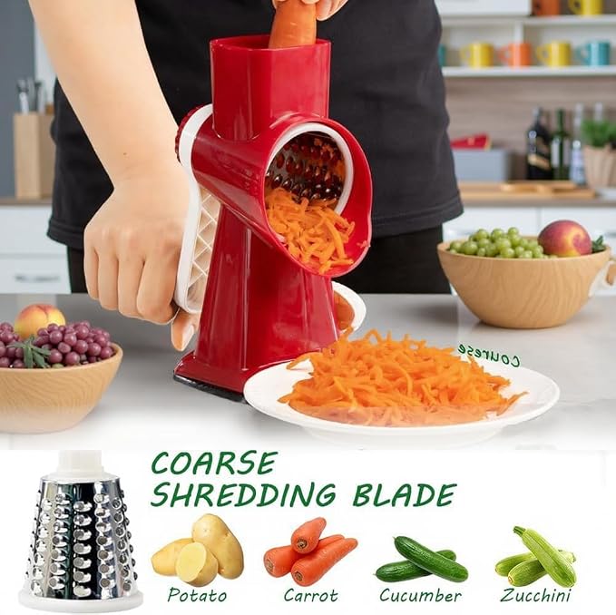 Cheese Grater with Handle, Multifunctional Manual Rotary Cheese Grater - Cheese Shredder Easily Chop Carrots, Potatoes, Vegetables and Fruits and Easy to Clean (Red)