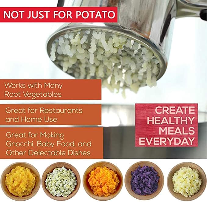 Premium Stainless Steel Potato Ricer Set with 3 Ricing Discs (Fine, Medium, Coarse) - Manual Masher, Baby Food Strainer, and Food Press with Ergonomic Comfort Grip. Dishwasher Safe