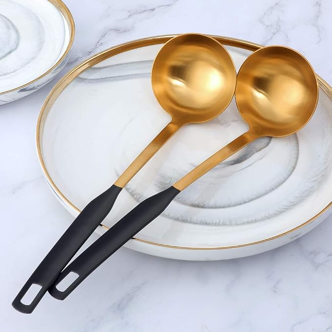 Buyer Star 2 Pcs Soup Ladle Spoons,Gold Black Cookware Serving Long Handle Steel Slotted Spoon Cooking Utensil Set for Hotpot