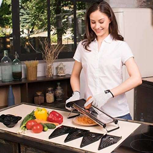 [Improved] V-Blade Mandoline Food Slicer + FREE Cut-Resistant Gloves - Stainless Steel Adjustable Vegetable Mandolin Slicer, Julienne Cutter - Includes 5 Inserts, Food Holder & Blade Guard