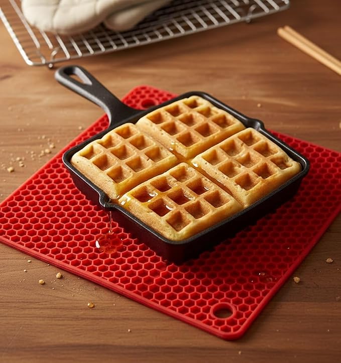 6-Pack Silicone Trivet Mats, Heat Resistant Hot Pads, Dishwasher Safe Kitchen Mats, BPA-Free Pot Holders for Table, Countertop, Stove, Honeycomb Design (Red, 7" Square)