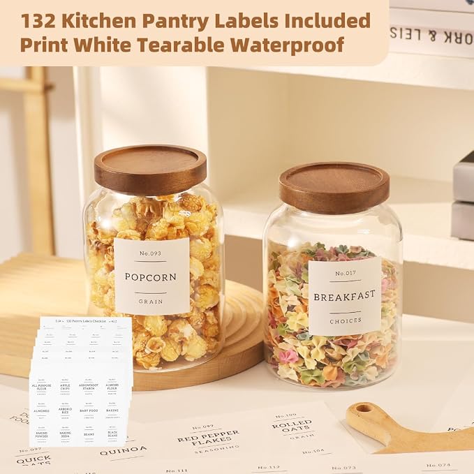 2 Pack Glass Food Storage Containers with Airtight Acacia Wood Lids and 132 Kitchen Pantey Labels Preprint - 43 LF OZ Borosilicate Glass Canister Sets for Food,Coffee,Cookie,Tea,Candy,Sugar