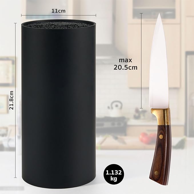 Round Black Knife Block Holder, Polypropylene, 6-10 Knives Storage, Bristles for Easy Cleaning, 20 x 11 x 11 cm