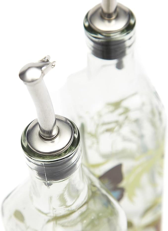 CEDAR HOME Olive Oil Bottle Set Glass Dispenser Vinegar Cruet 17oz. with Stainless Steel Leak Proof Pourer Spout for Cooking or Salad
