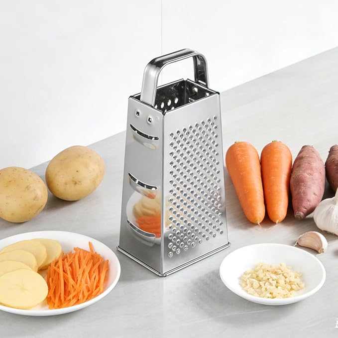 MAGICLULU 8-Inch Box Cheese Grater with Handle - Heavy Duty Stainless Steel 4-Sided Vegetable Slicer, Shredder & Zester, Potato & Citrus - Multipurpose Manual Kitchen Food Tool