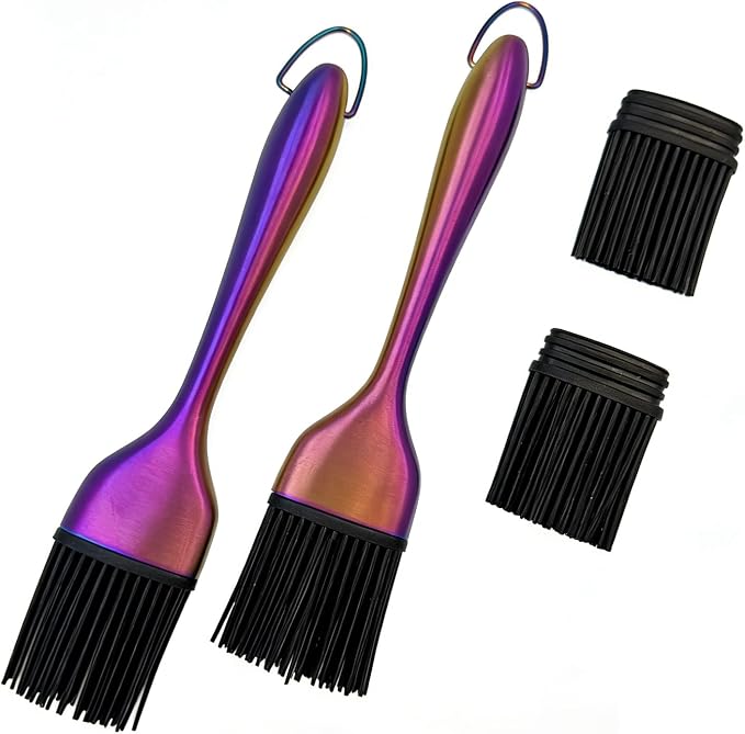 Silicone Basting Brush, Rainbow, 2 Pack with 2 Extra Heads | Stainless Steel Handle, Heat Resistant, For BBQ, Baking, Grilling