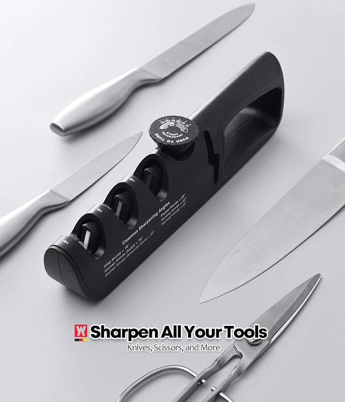 Wagensteiger Handheld Knife & Scissors Sharpener with Adjustable Sharpening Angle Controller, Sharpens Kitchen Knives & Pocket Knife, Non-Slip Bottom Pad (Tungsten + Emery + Ceramic + Scissors Slot)