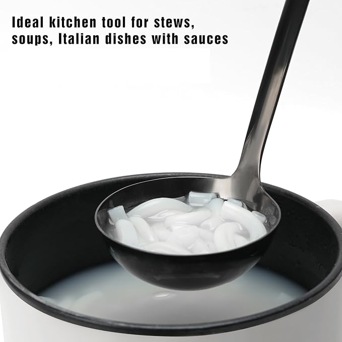 Black Stainless Steel Soup Ladle, 12 Inch Metal Ladle Spoon with Ergonomic Handle for Soup, Stew, Sauce, Chili, Gravy and Serving, Dishwasher Safe