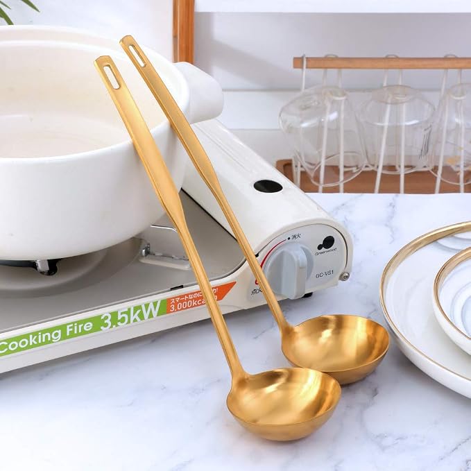 Buyer Star 2 Pcs Soup Ladle Spoons, Gold Cookware Serving Long Handle Steel Slotted Spoon Cooking Utensil Set for Hotpot