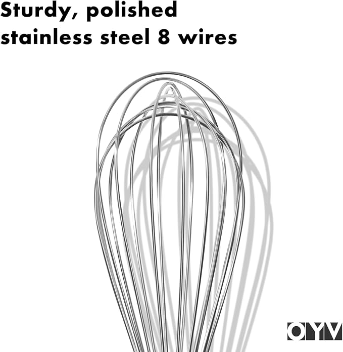 OYV 8" Whisk, Ergonomic Handle, Dishwasher Safe 18/10 Stainless Steel Whisk, Professional Kitchen Metal Wisk, Perfect for Whisking, Blending, Beating, and Baking