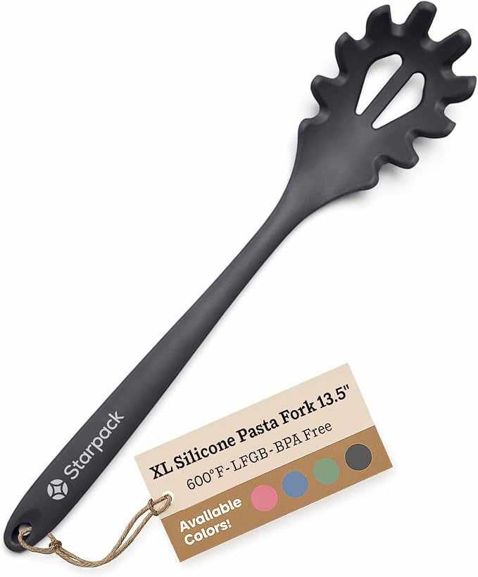 Starpack XL Premium Silicone Pasta Fork (13.5") - Spaghetti Spoon High Heat Resistant to 600°F - Silicone Pasta Spoon Strainer - Pasta Server Spoon with Teeth - Pasta Server Utensil