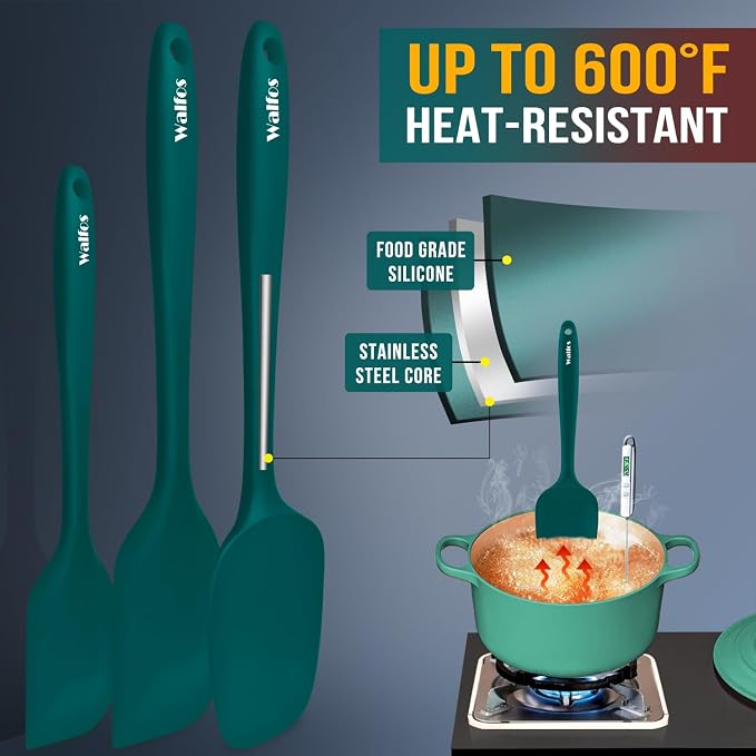 Walfos Silicone Spatula Set of 5 - (600°F) High Heat Resistant Dark Green Kitchen Scraper Spatulas, One-Pieces Seamless Design, Perfect for Cooking Mixing & Baking - BPA Free and Dishwasher Safe