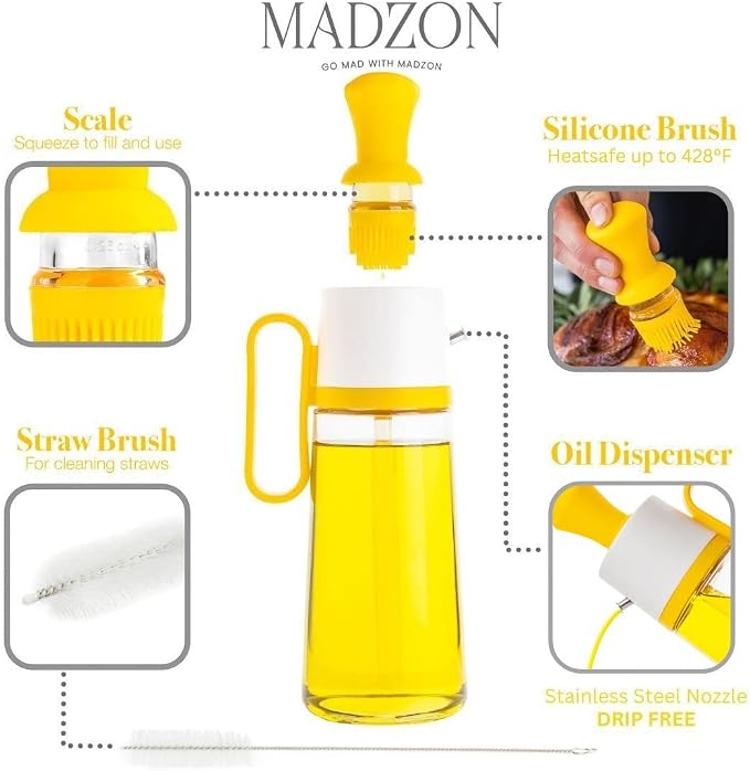 3-in-1 Olive Oil Dispenser Bottle for Kitchen with Brush and Straw Cleaner. Pour, Drizzle or Brush Vinegar, Soy Sauce and Cooking Oil Container. 18.6oz Glass Oil Cruet/Leakproof Spout (Brown)
