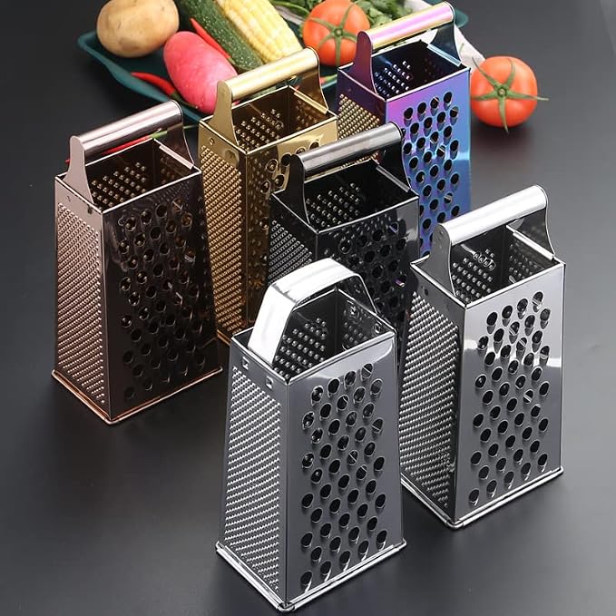 Box Grater for Kitchen, 4 Sided Box Cheese Grater, Stainless Steel Silver Box Grader for Cheese, Potato, Carrot Peeler and Slicer, Kitchen Gadgets Accessories Dishwasher Safe