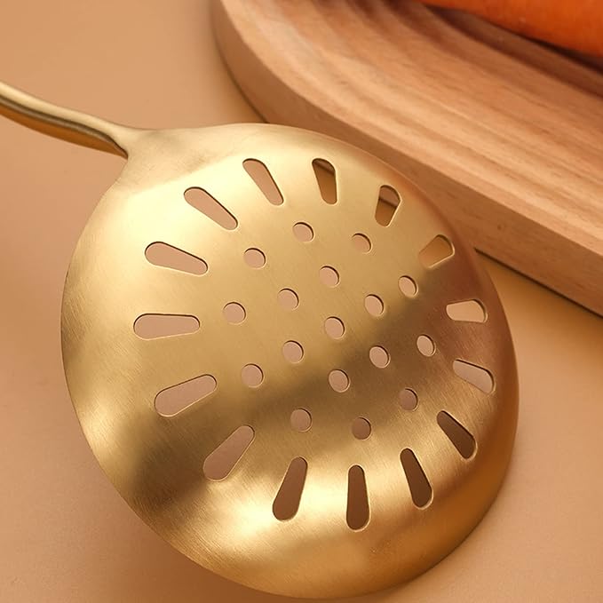 Kitchen Professional Skimmer Spoon, 304 Stainless Steel Slotted Spoon With Extra Large Bowl & Comfortable Grip Handle, Gold Durable Food Grade Strainer Spoon For Draining & Frying (14.5 inch)