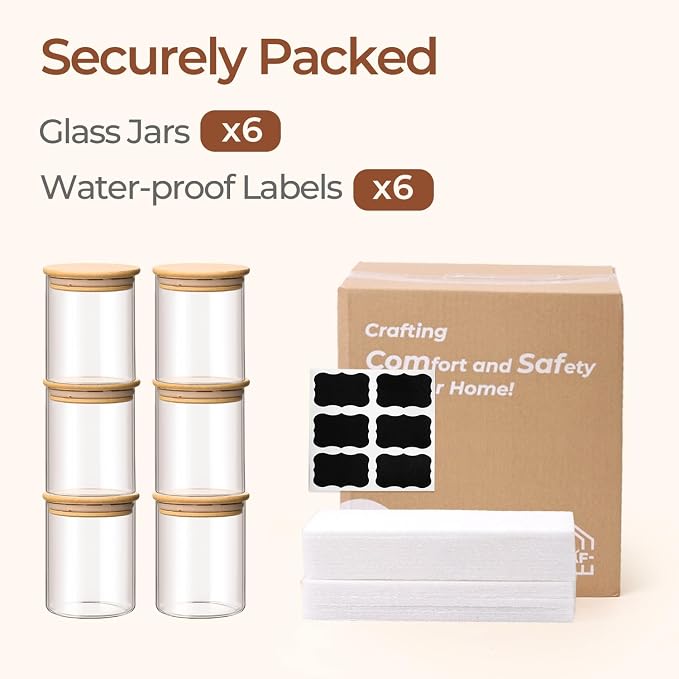 ComSaf Glass Storage Containers With Lids 0.8 Qt, 6 Pack Small Glass Jars | Small Glass Canisters, Spice Jar 25oz, Snack Station Organization, Coffee Bar Organization, Size For Subpackage, BPA Free