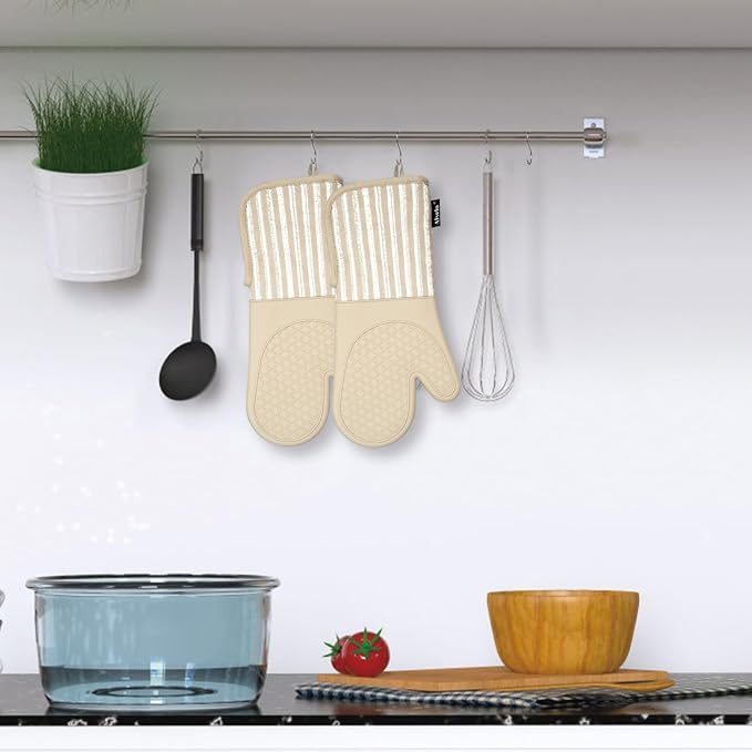 Alselo Silicone Oven Mitts Heat Resistant 932℉ with Waterproof & Non-Slip Kitchen Mittens, Set of 2 Extra Long Oven Gloves with Soft Cotton Terry Lining for Baking Cooking Barbecue (Khaki, 2)