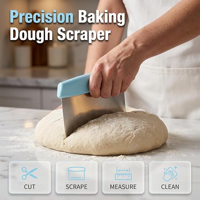 Stainless Steel Dough Scraper & Chopper with Measurement Marks, Multi-Purpose Pastry Cutter for Pizza Bread Cookie Dough, Heavy Duty Scraper with Non-Slip Handle (Blue)