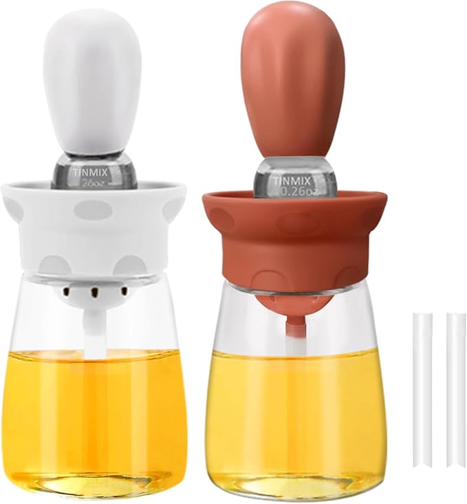 Oil Dispenser with Brush - 2 Pack Glass Olive Oil Dispenser Bottle for Kitchen with Silicone Basting Brush BBQ Grilling Baking Cooking, T-OB22, White+Red