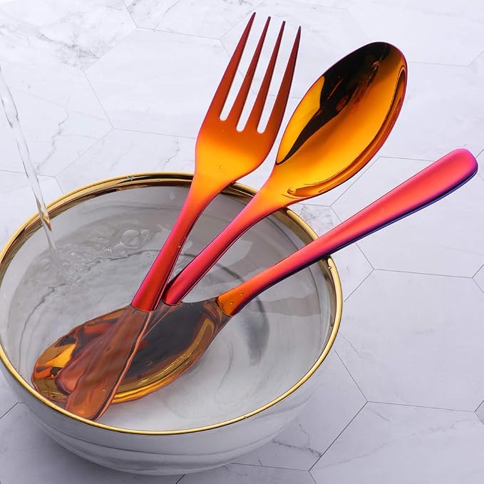 Long Handle Serving Set, 10 inch Stainless Steel Polished Serving Spoon, Fork, Slotted Spoons, Set of 3 (Multi)