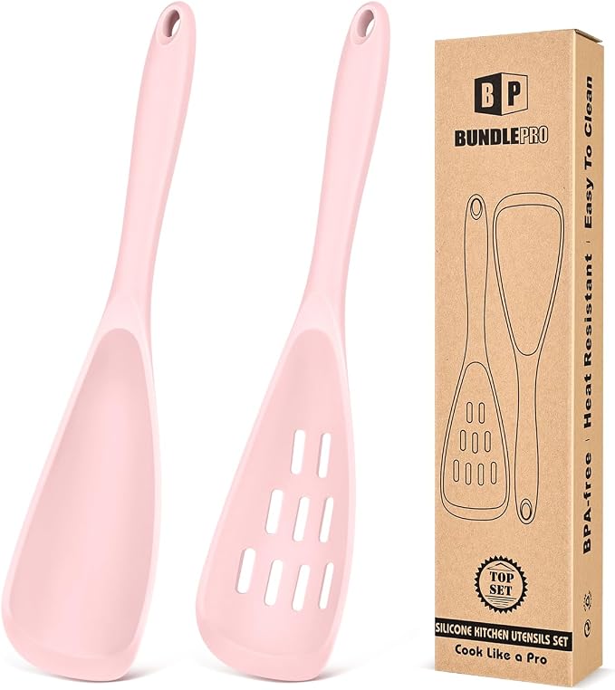 Pack of 2 Cooking Spoons for Non Stick Cookware, Multifunction Spatula Spoon BPA-Free, One-Piece Design, Suitable for Scooping, Scraping, Serving and Mixing (PINK)