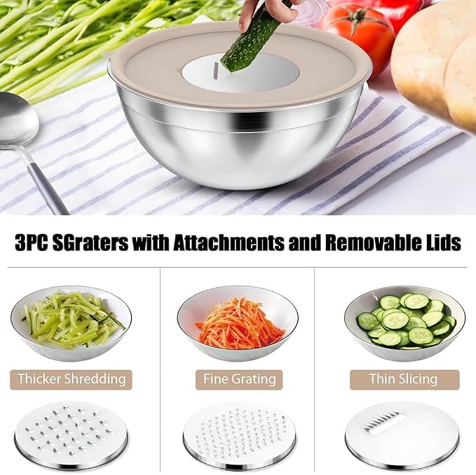 Mixing Bowls with Lids Set | Stainless Steel, 7 Sizes (0.7-4.5QT), with 3 Grater Attachments, Nesting, Dishwasher Safe (Khaki-7 Sizes)