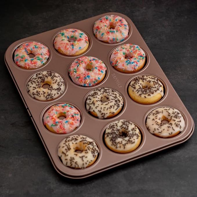 12 Well Donut Pan Nonstick, PFOA & BPA Free | | Non-Toxic - High Carbon Steel - Gold - Donuts Mold for Oven Baking