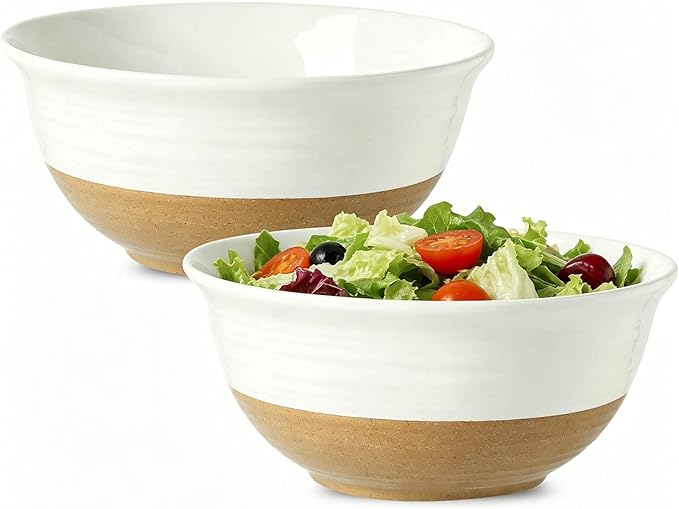 HASENSE Large Ceramic Serving Bowls Set of 2, 84 Oz 9 Inch White & Terracotta Stoneware Mixing Bowls, Farmhouse Bowls for Salad, Baking, Popcorn & Side Dishes, Dishwasher & Microwave Safe