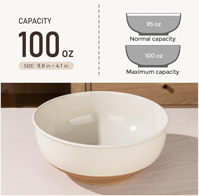AmorArc 9.8’’ Ceramic Serving Bowls, 3.1 Qt Extra Large Salad Bowls Set of 2, Stoneware Oversized Bowls with Rustic Terracotta Underside for Salad, Soup and Dinner. Large Bowls for Entertaining &Gift