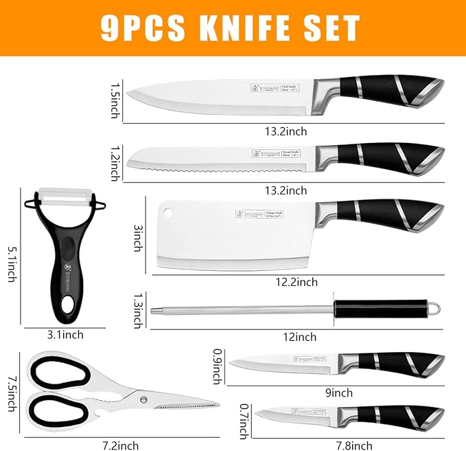 Kitchen Knife Set, 9Pcs Black Knife Set with Rotation Block, Ergonomical Handle,Non Stick Sharp Stainless Steel Chef Knife Block Set for Home Cooking Gift