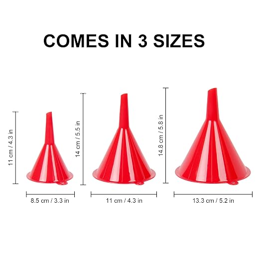 Plastic Kitchen Funnel Set of 3 with Brush – BPA Free Food Grade Funnels for Filling Canning Bottles Oil, Multifunctional for Cooking Lab Automotive, Red