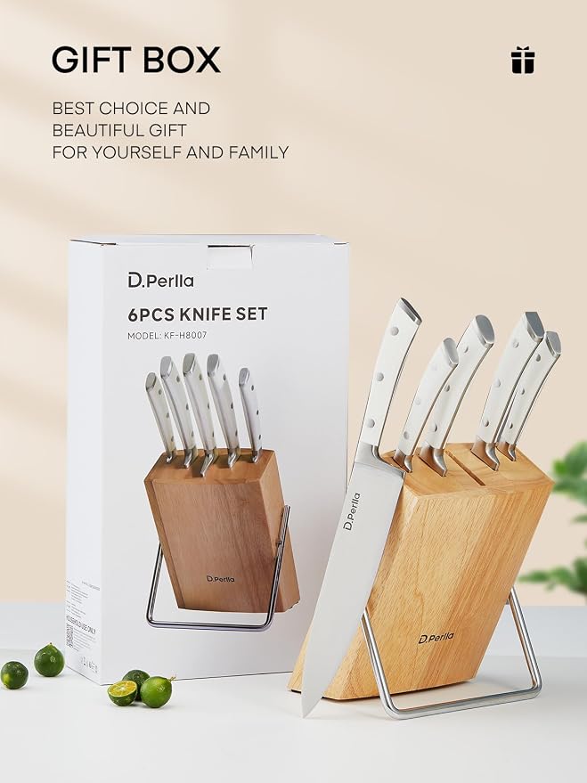 D.Perlla Knife Set with Wooden Block 6 Pieces Kitchen Knife Set, Knife Block Set with High Carbon German Stainless Steel, Sharp Knife Set with Wood Block