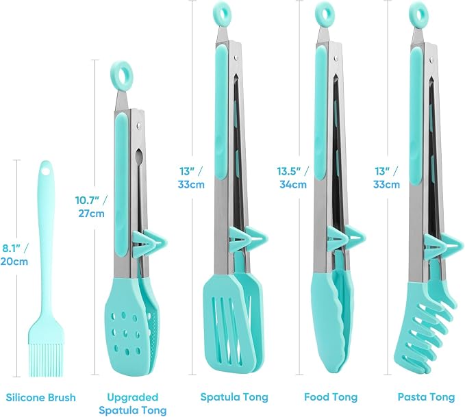 5-Pack Silicone Tongs for Cooking,Maywe Tanso 4PCS 13-Inch Kitchen Tongs with Silicone Tips,Nonstick Stainless Steel Tong for Steak Pie Pizza Pasta Spaghetti Salad BBQ Buffet,Plus Brush