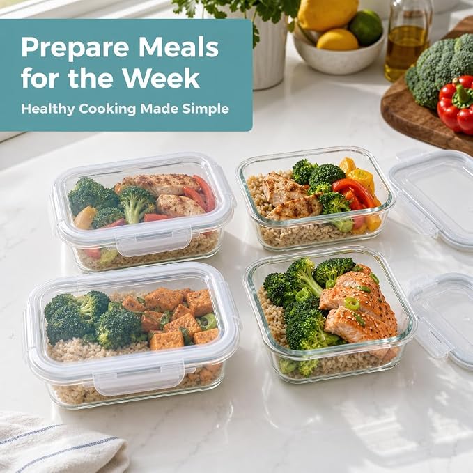 Glass Food Storage Containers, 4pk-28oz, Transparent Lids | Locking Lids, Meal Prep Containers, 1 Compartment, BPA Free and Dishwasher Safe