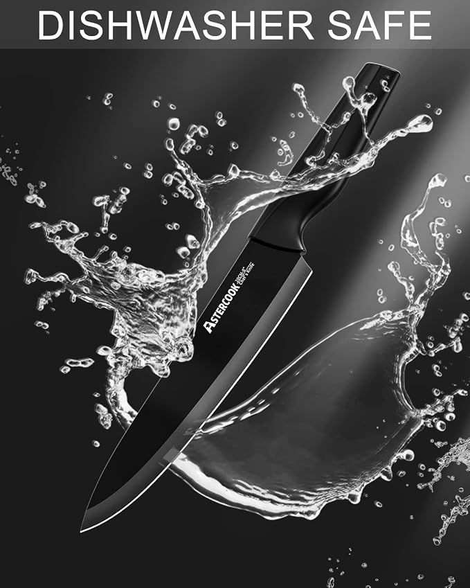 Astercook Knife Set, Kitchen Knife Set with Built-in Sharpener Block, Dishwasher Safe, 15 Pieces German Stainless Steel Knife Block Set, Black Perfect Kitchen Fathers Day Gift for Men
