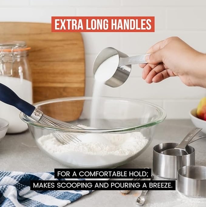 Chef Pomodoro Stainless Steel Measuring Cups, Stackable 7 Pcs Long Handle | Metal Measuring Cups Stainless Steel, Lasered Markings Stainless Measuring Cups Long Handle, Nesting Set with Sorting Ring