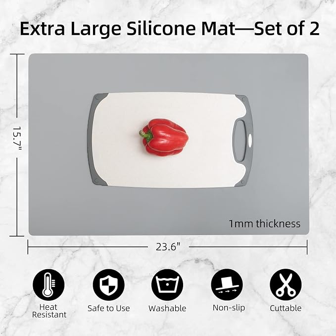 2 Pack Silicone Mats for Kitchen Counter, Treerit 23.62" x 15.75" Thick Large Silicone Mat, Nonskid Heat Resistant Countertop Protector, Easy to Clean, Gray